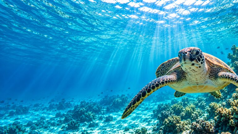 Zeeschildpad boven het koraalrif van Curaçao