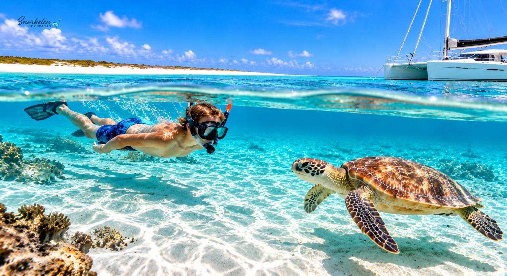 Kinderen snorkelen op Klein Curaçao met een schildpad